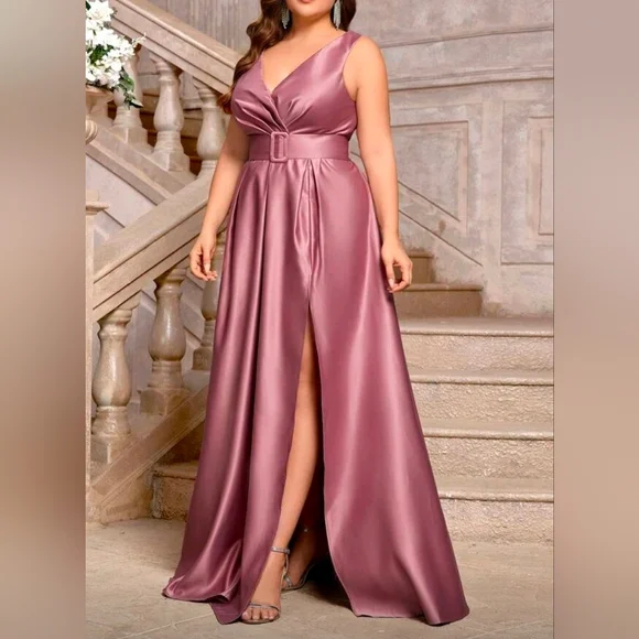 New Luxe Wrap Top Belted Maxi Dress PLUS Split Hem Sleeveless Pink